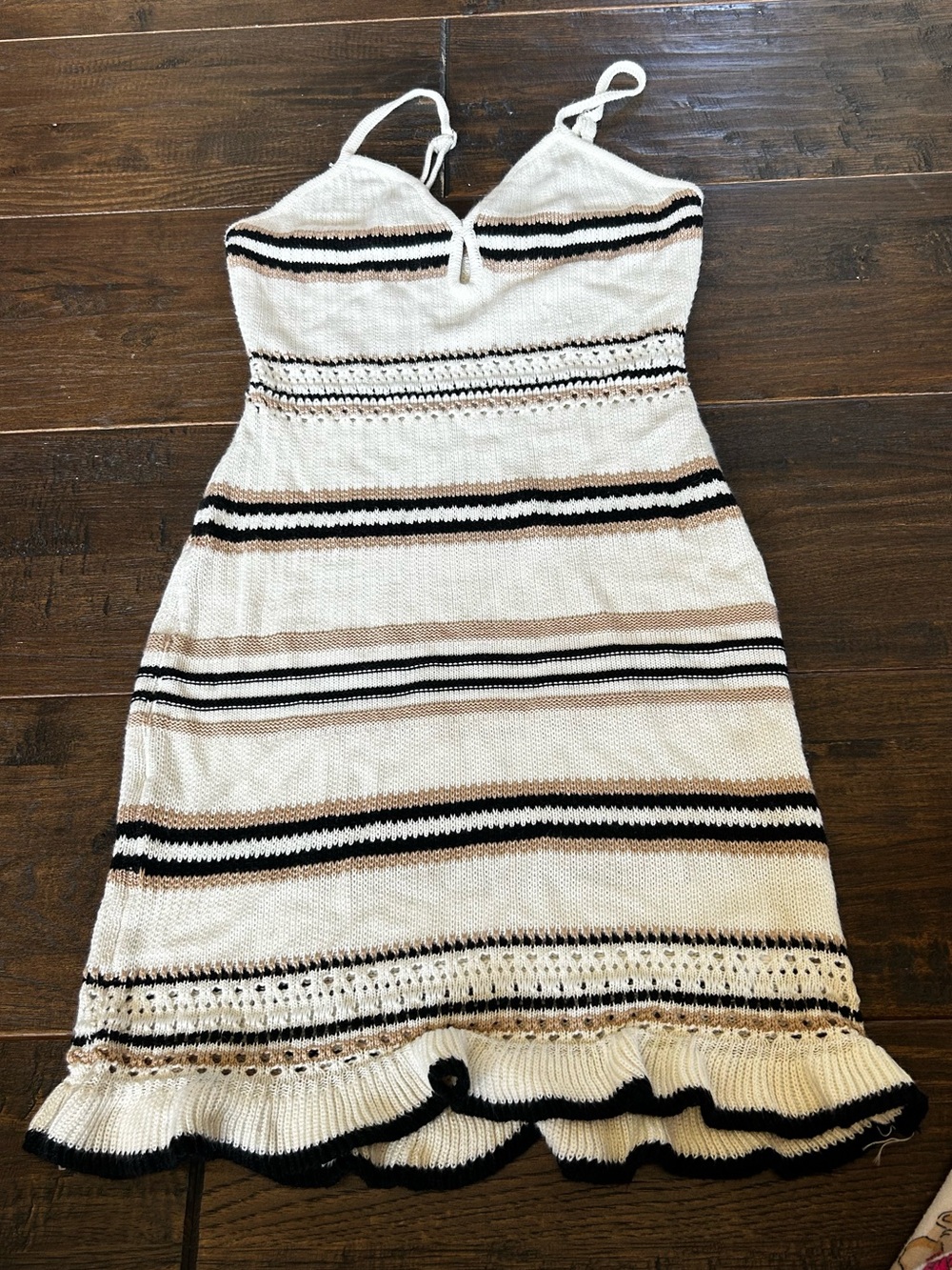 Striped Knit Spaghetti Strap Midi Dress - White, Black & Tan